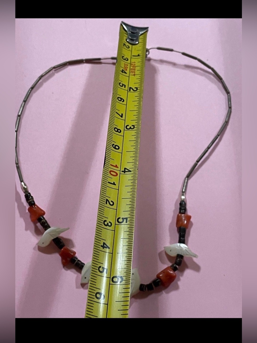 Vintage Native Turquoise Heishi Coral MOP Bird Liquid Silver Necklace #6755 💎 - Picture 4 of 9